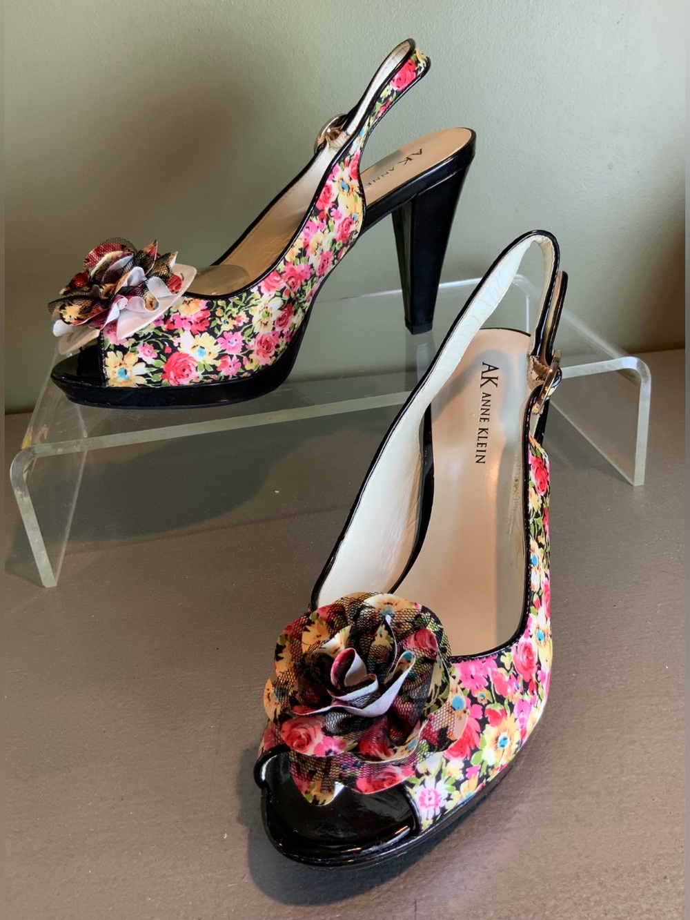 Anne Klein Floral Peep-Toe Slingback Heels in Pink Yellow Black brand new 7.5
